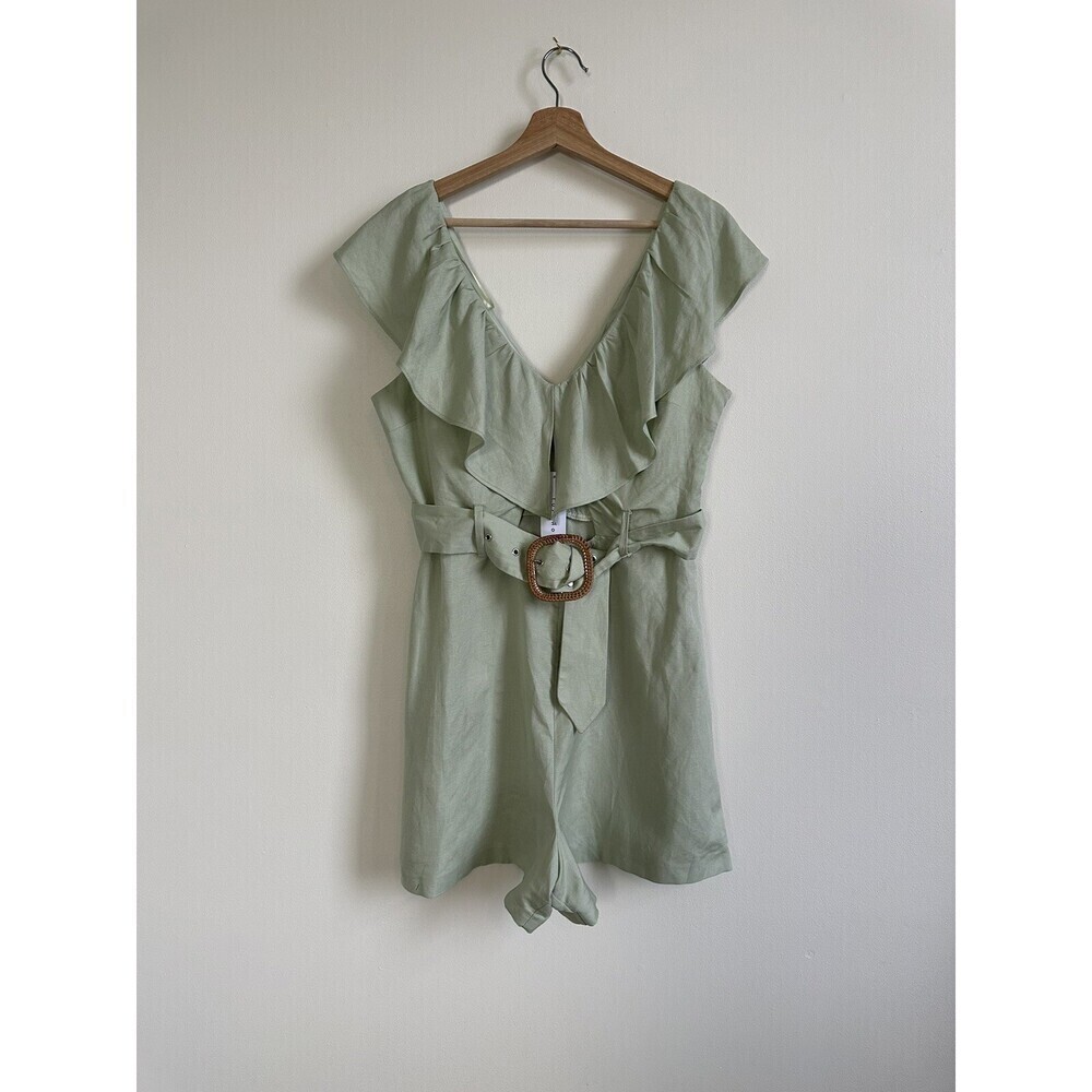 Topshop Riviera Frill Romper Women's Size 10 Green V-Neck Cutout Middle Linen